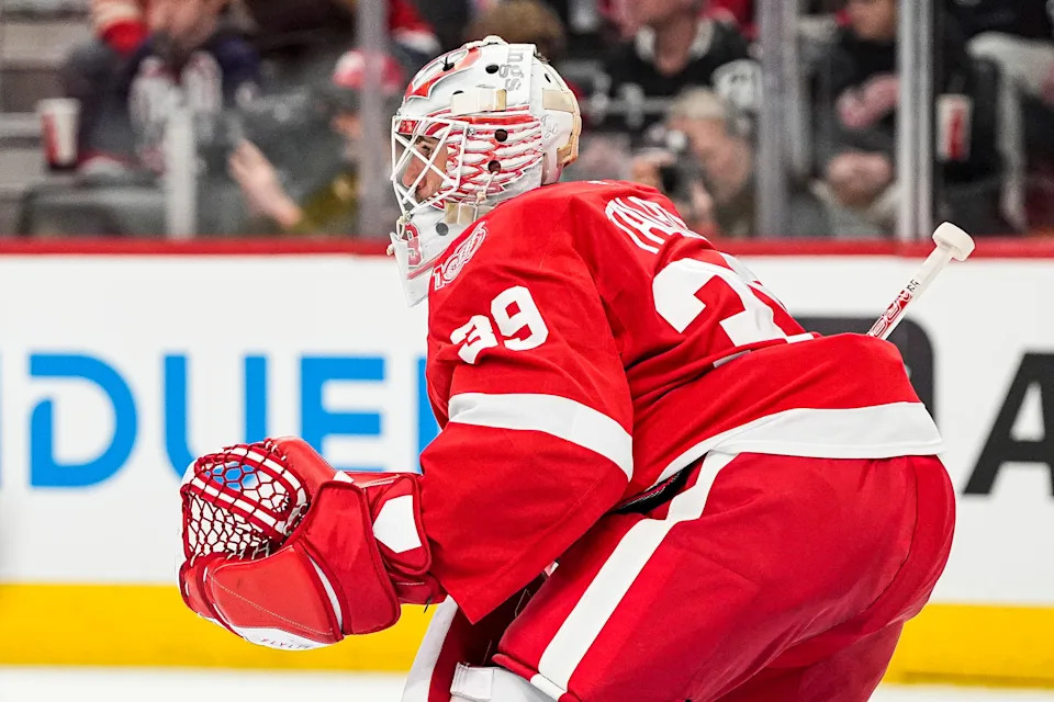 Detroit Red Wings goaltender Cam Talbot (39) tends net against Vegas Golden Knights during the second period at Little Caesars Arena in Detroit on Wednesday, March 4, 2026.