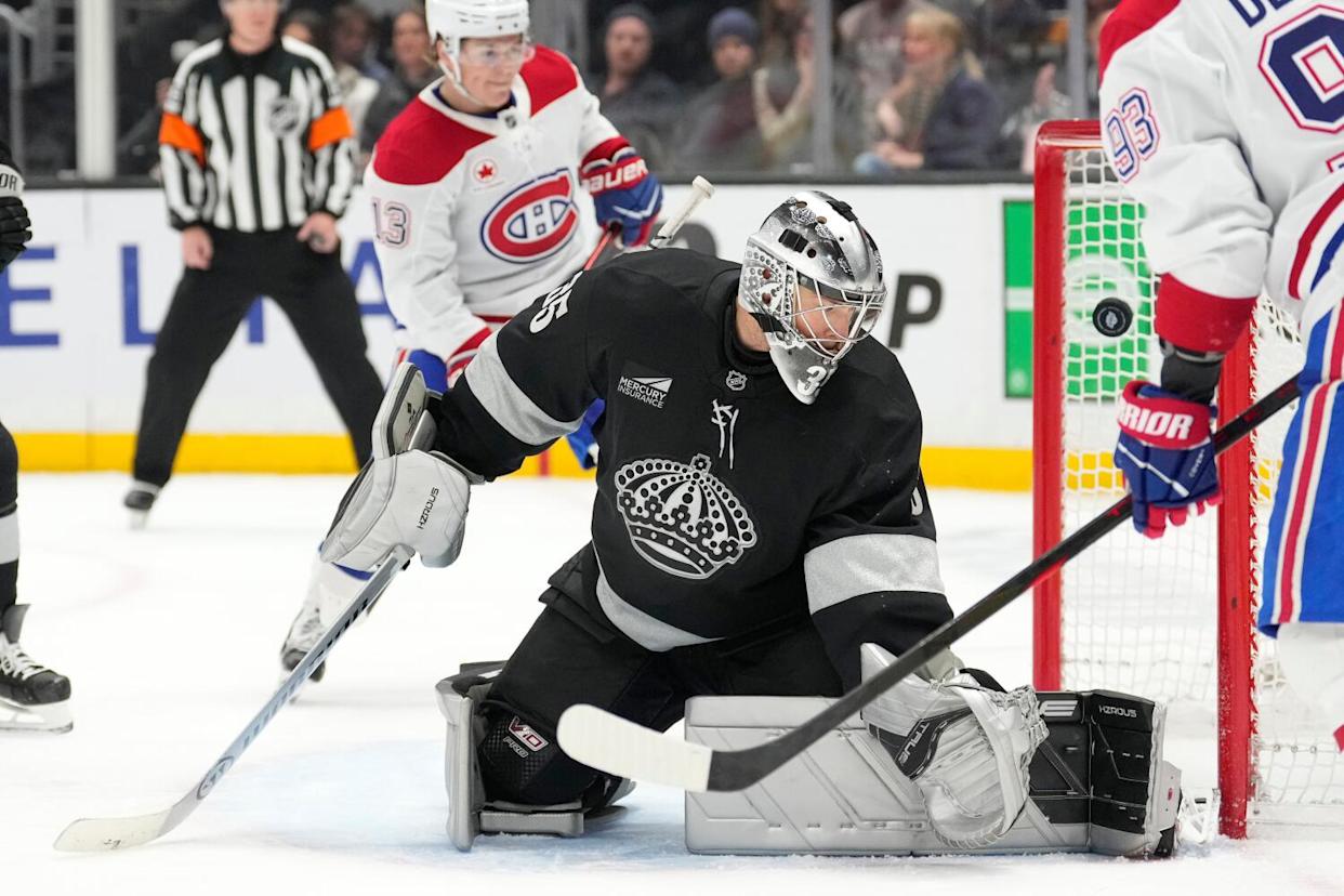 Montreal forward Juraj Slafkovsky scores on Kings goaltender Darcy Kuemper during the third period Saturday.