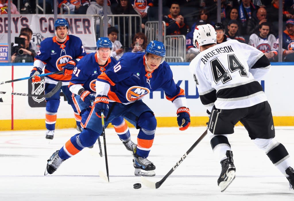 Brayden Schenn skates against the Los Angeles Kings on March 13, 2026 at UBS Arena. Getty Images