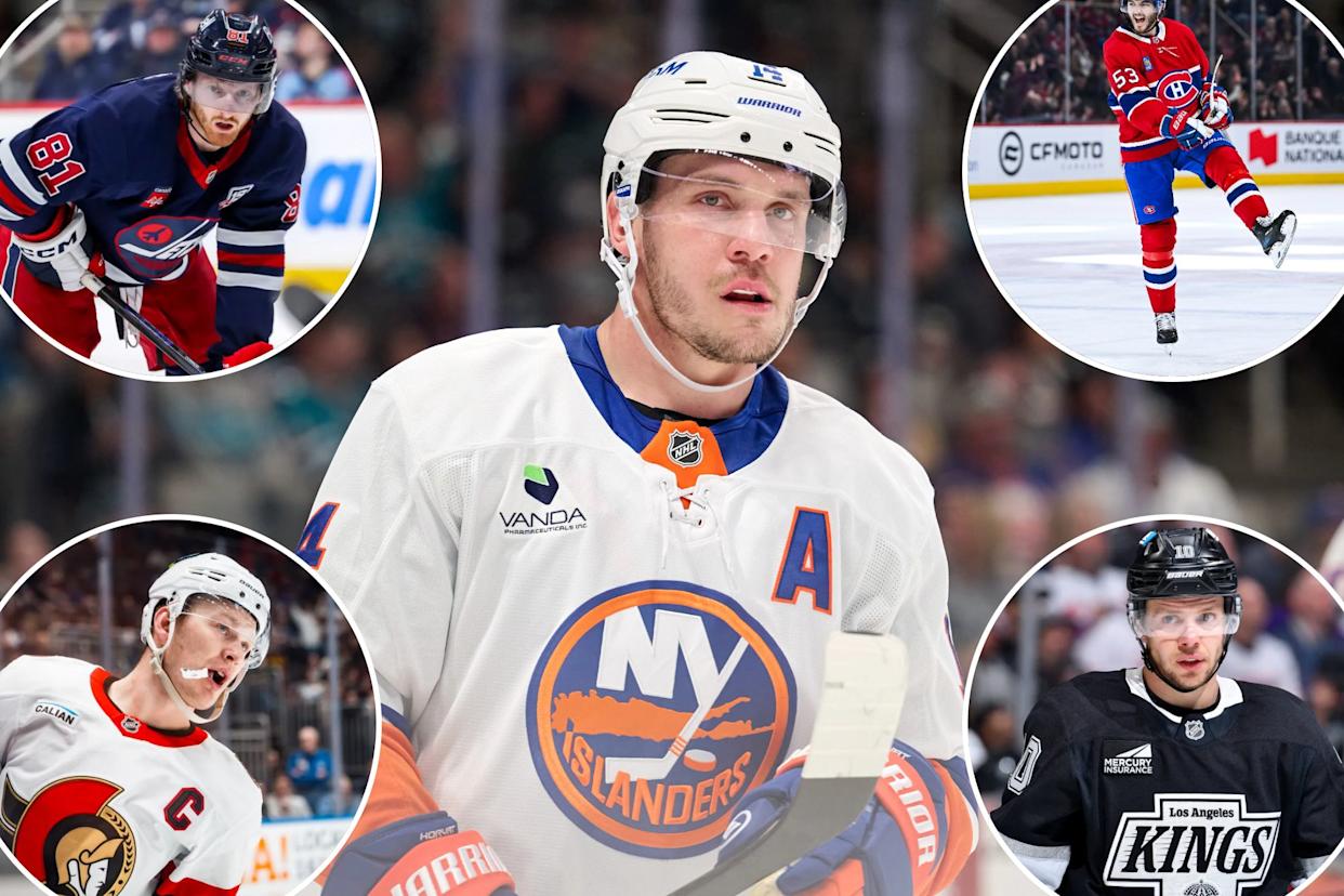 An image collage containing 5 images, Image 1 shows New York Islanders center Bo Horvat looking on during a game against the San Jose Sharks, Image 2 shows Winnipeg Jets player Kyle Connor #81 looks on during a face-off, Image 3 shows Montreal Canadiens defenseman Noah Dobson (53) reacts after scoring his second goal of the game, Image 4 shows Ottawa Senators forward Brady Tkachuk celebrates his goal, Image 5 shows Hockey player Artemi Panarin #10 of the Los Angeles Kings in a black jersey