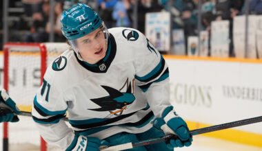 Celebrini hits 100 points as Sharks beat Blues off late game-winner