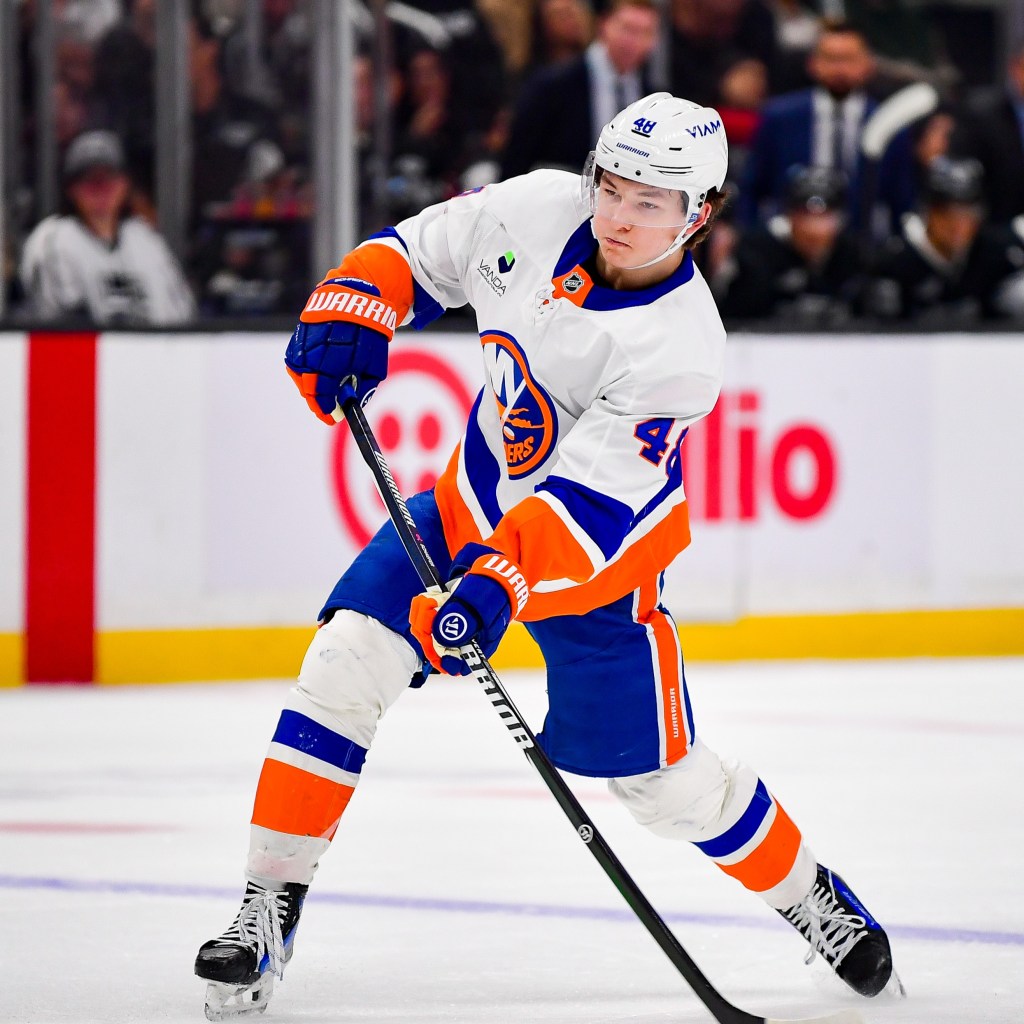 Matthew Schaefer #48 of the New York Islanders clears the puck during the second period against the Los Angeles Kings at Crypto.com Arena on March 5, 2026 in Los Angeles, California.
