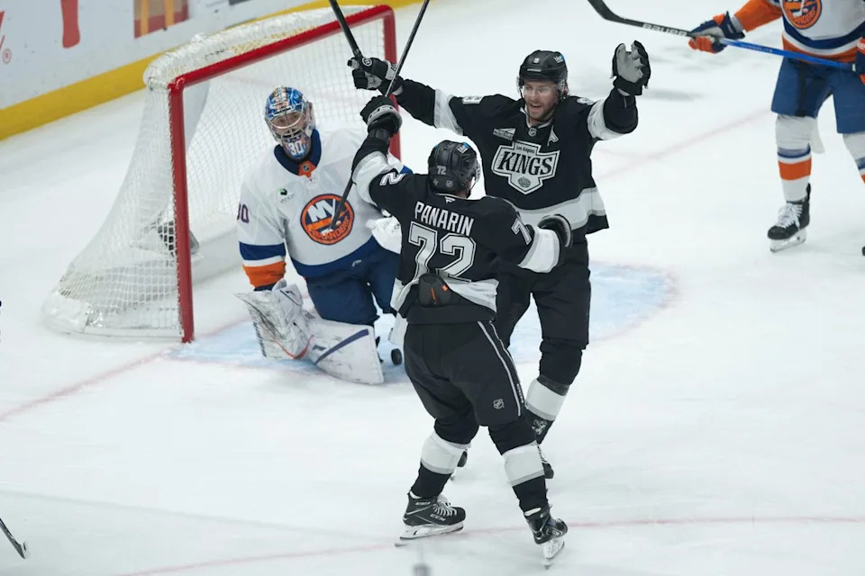 LA Kings left wing Artemi Panarin (72) celebrates with defensiveman Drew Doughty (8) after scoring a goal during an NHL game between the New York Islanders and the Los Angeles Kings on Thursday, March 5, 2026 at Crypto.com Arena in Los Angeles Calif
