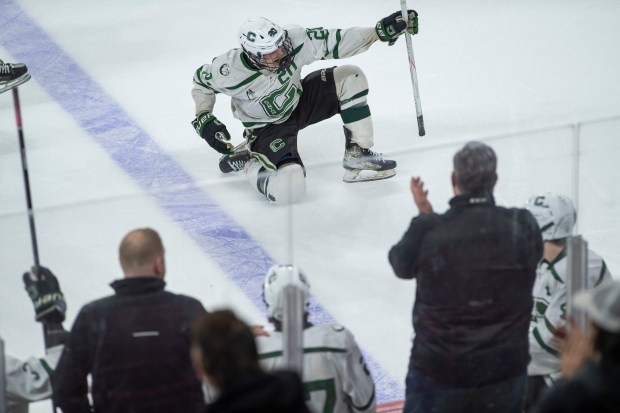 Canton's Joey Ryan (20) celebrates with the crowd after his goal against Burlington during the MIAA D2 boys hockey semi-final at Boston College. (Amanda Sabga/Boston Herald)