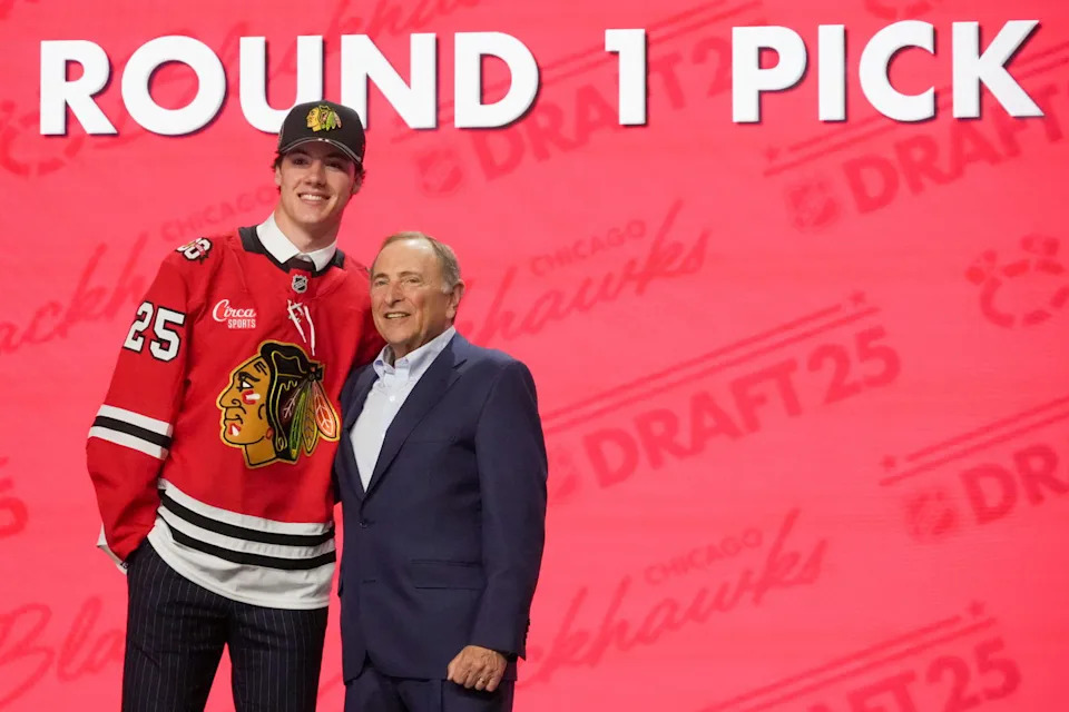 Jun 27, 2025; Los Angeles, California, USA; Mason West is selected as the 29th overall pick to the Chicago Blackhawks in the first round of the 2025 NHL Draft at Peacock Theater. Mandatory Credit: Kirby Lee-Imagn Images