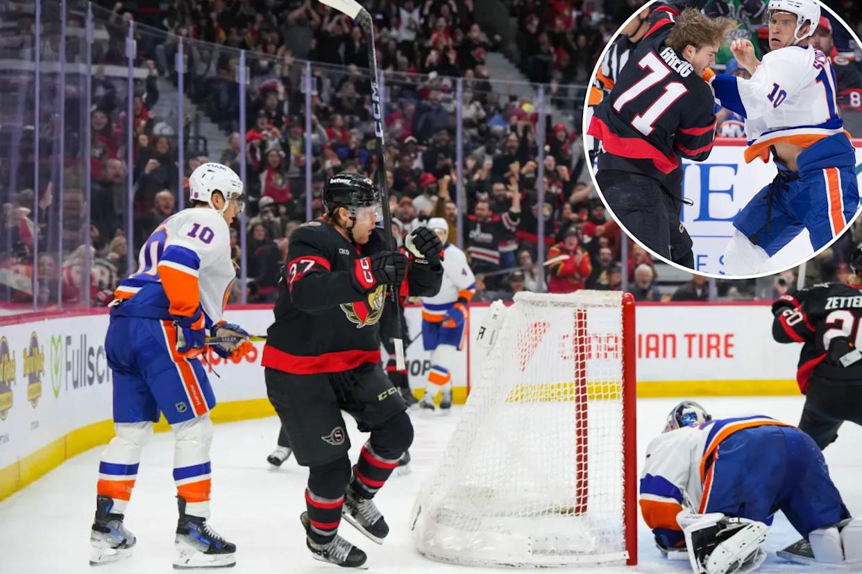 An image collage containing 2 images, Image 1 shows Warren Foegele celebrates after scoring the game-tying goal on Ilya Sorokin during the Islanders' 3-2 loss to the Senators on March 19, 2026 at Canadian Tire Centre in Ontario, Image 2 shows Brayden Schenn, who also scored later in the game, fights with Ridly Greig (left) during the Islanders' road loss to the Senators