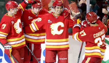 Gridin feeds Parekh on his first goal of season to get Flames hearts pounding in win over Kings