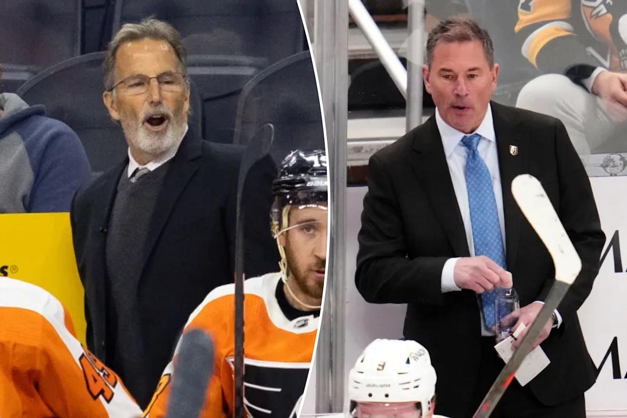 An image collage containing 2 images, Image 1 shows Philadelphia Flyers head coach John Tortorella speaks to his players on the bench, Image 2 shows Vegas Golden Knights coach Bruce Cassidy holding a water bottle and hockey stick