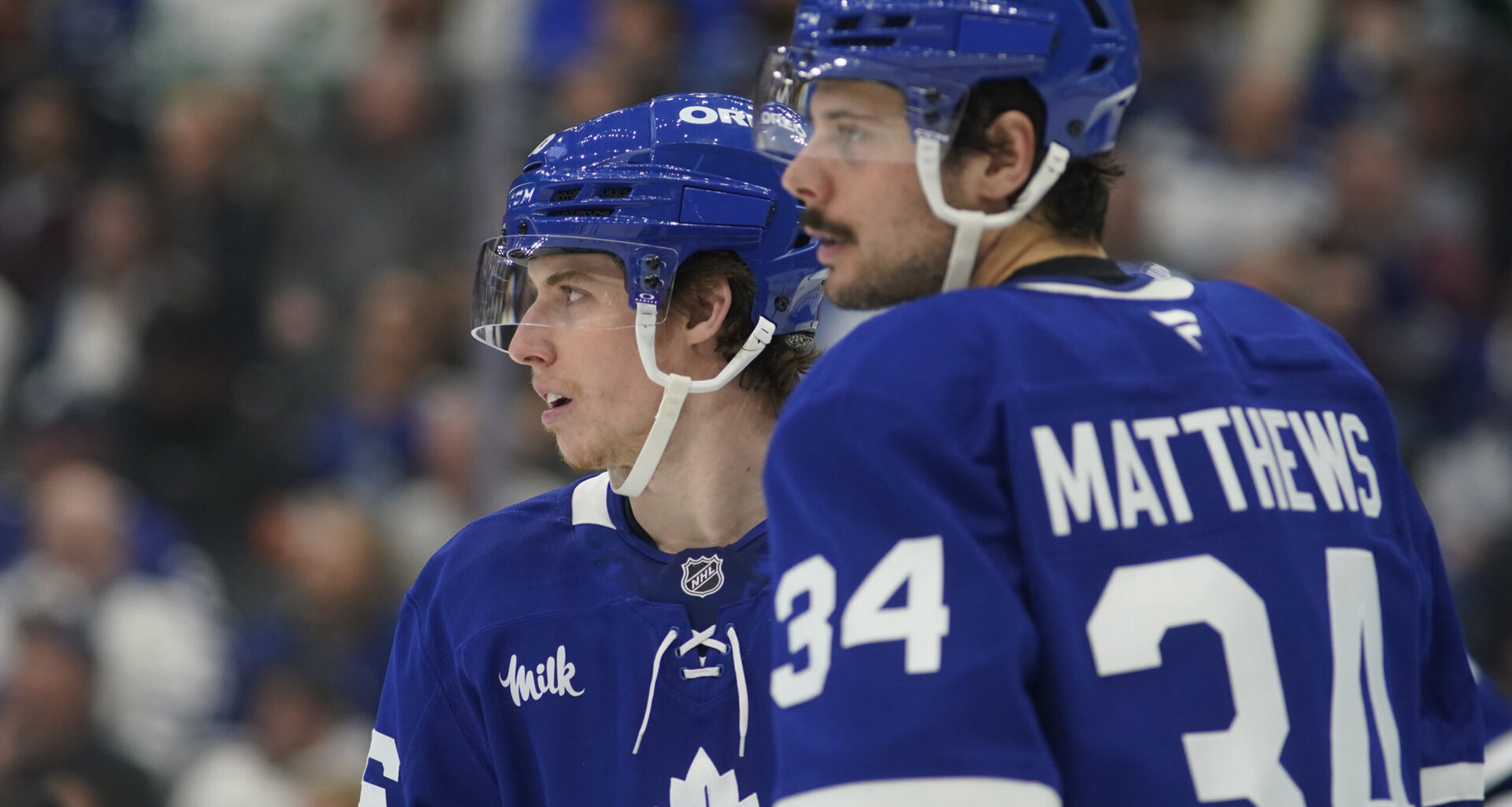 Former Toronto Maple Leafs forward Mitch Marner (16) and Toronto Maple Leafs forward Auston Matthews