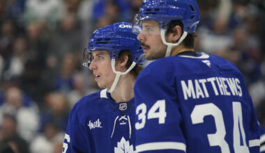 Former Toronto Maple Leafs forward Mitch Marner (16) and Toronto Maple Leafs forward Auston Matthews