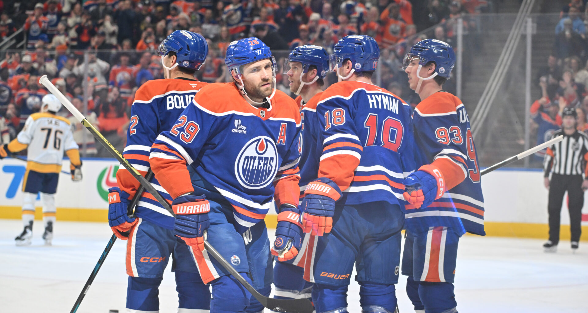 Edmonton Oilers center Leon Draisaitl (29), left wing Zach Hyman (18) and Oilers center Ryan Nugent-Hopkins (93) at Rogers Place