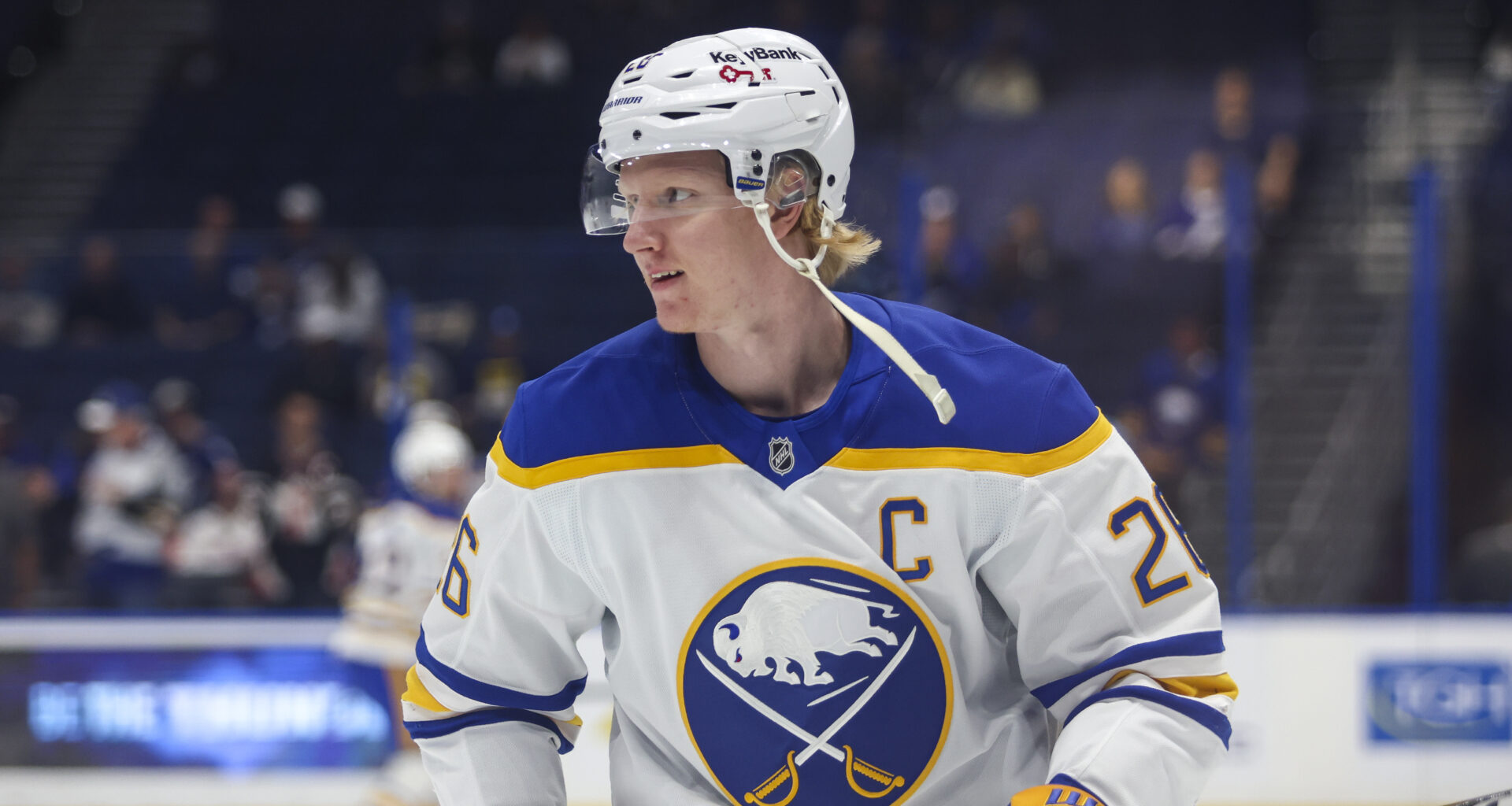 Buffalo Sabres defenseman Rasmus Dahlin (26) before the game at Benchmark International Arena.