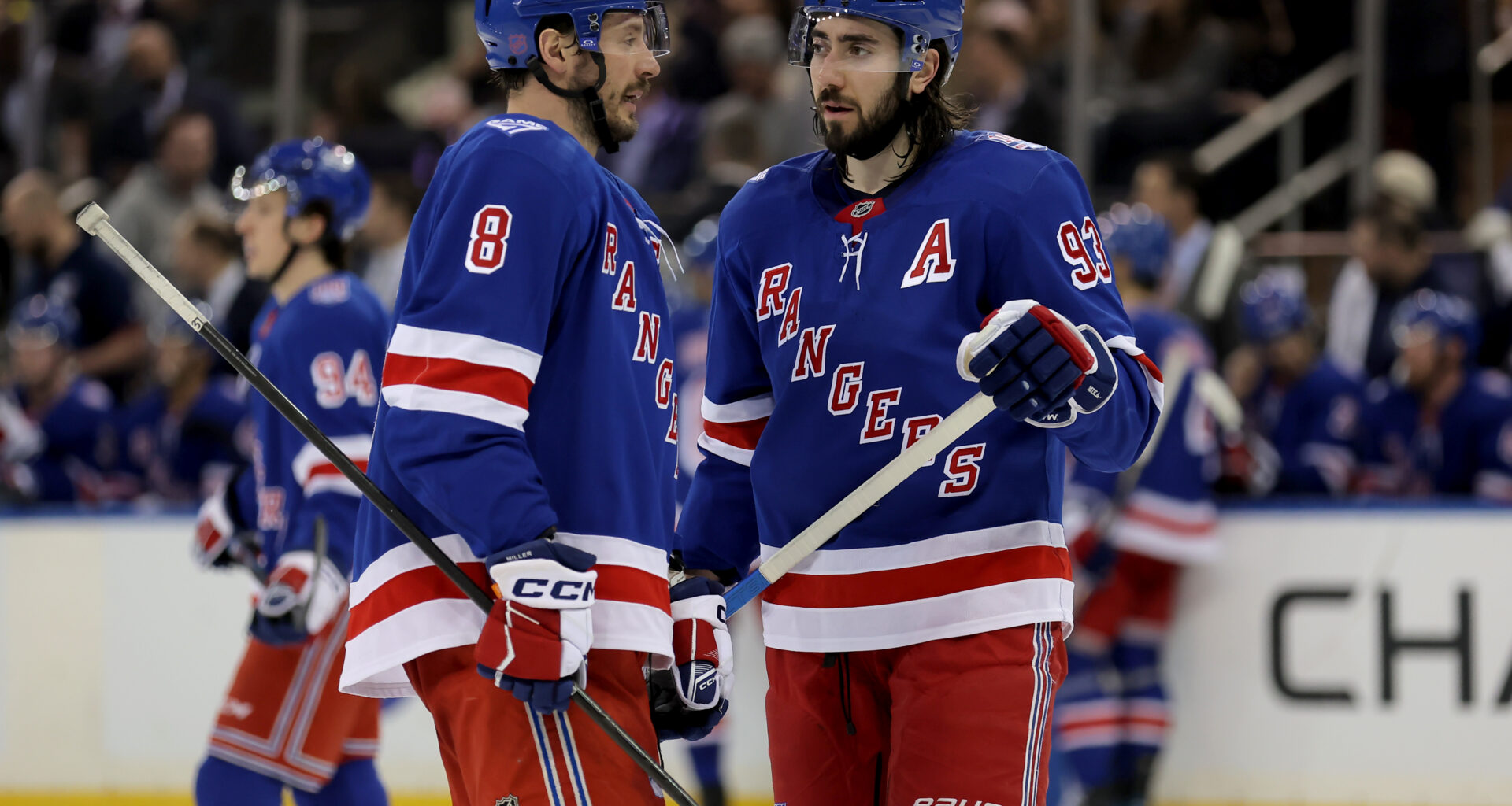 New York Rangers left wing J.T. Miller (8) talks to center Mika Zibanejad (93) at Madison Square Garden