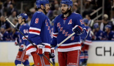 New York Rangers left wing J.T. Miller (8) talks to center Mika Zibanejad (93) at Madison Square Garden