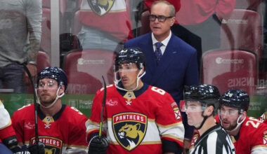Florida Panthers head coach Paul Maurice looks on at Amerant Bank Arena.