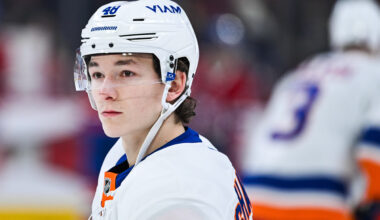New York Islanders defenseman Matthew Schaefer (48) looks on at Bell Centre