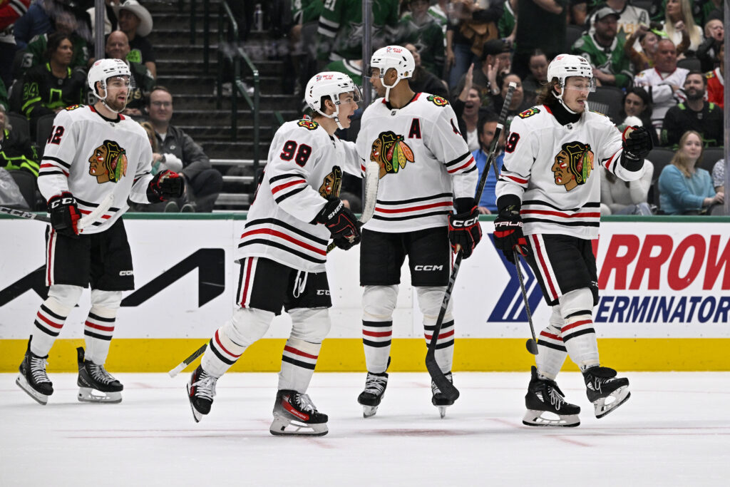 Chicago Blackhawks center Connor Bedard (98) and left wing Tyler Bertuzzi at American Airlines Center.