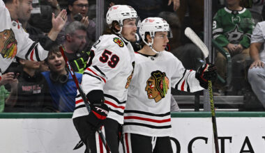 Chicago Blackhawks center Connor Bedard (98) and left wing Tyler Bertuzzi (59) at American Airlines Center.