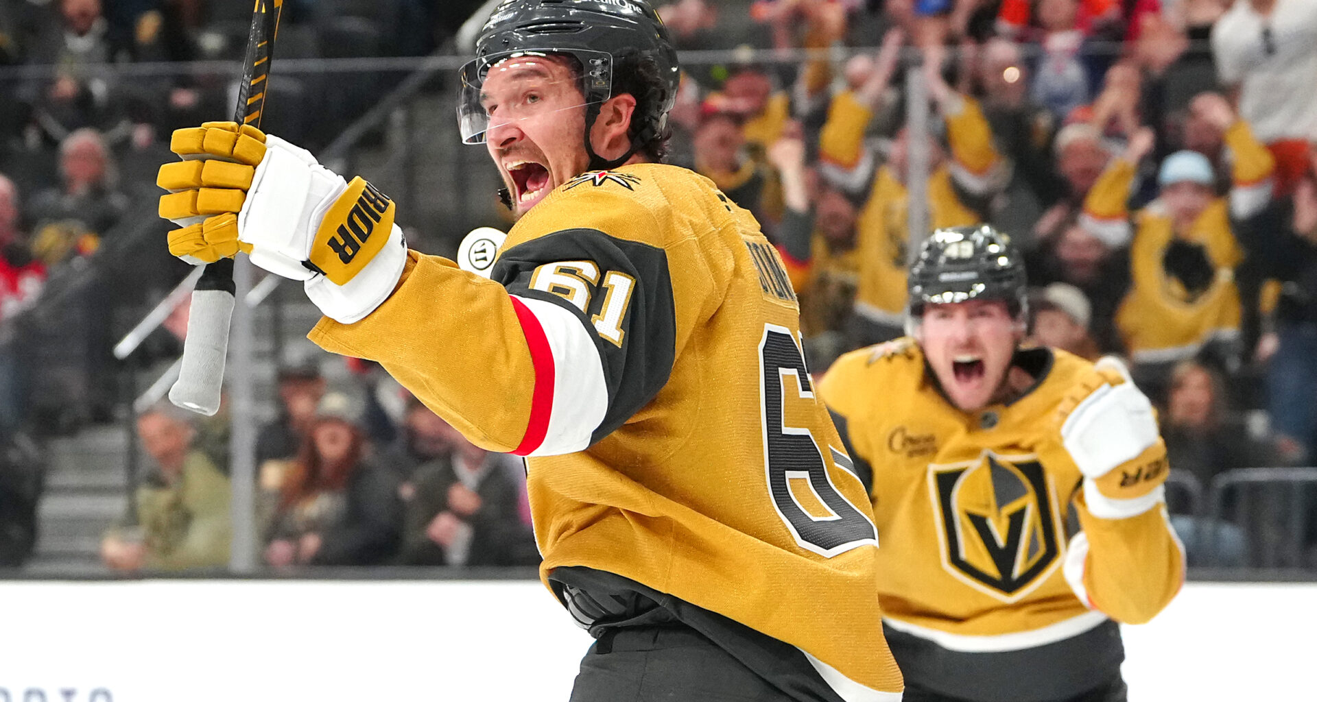 Vegas Golden Knights right wing Mark Stone (61) celebrates at T-Mobile Arena.