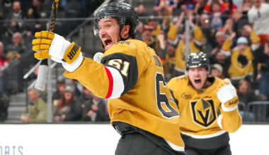 Vegas Golden Knights right wing Mark Stone (61) celebrates at T-Mobile Arena.