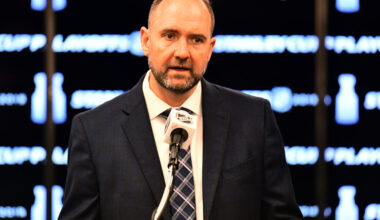 Former NHL coach Peter DeBoer speaks to the media at Pepsi Center.