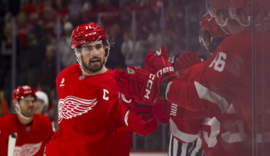 Red Wings center Dylan Larkin (71) receives congratulations