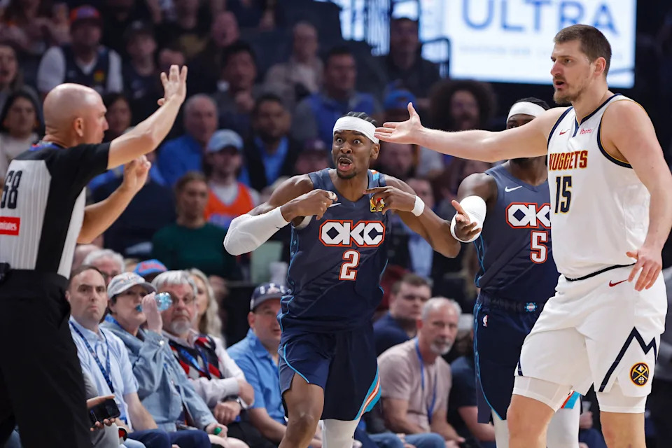 Feb 27, 2026; Oklahoma City, Oklahoma, USA; Oklahoma City Thunder guard Shai Gilgeous-Alexander (2) reacts after a call against him after a play against Denver Nuggets center Nikola Jokić (15) during the first quarter at Paycom Center. Mandatory Credit: Alonzo Adams-Imagn Images