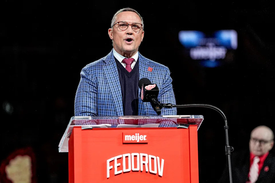Detroit Red Wings general manager Steve Yzerman speaks during Sergei Fedorov’s jersey retirement ceremony at Little Caesars Arena in Detroit on Monday, Jan. 12, 2026.