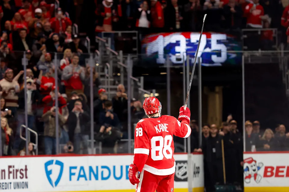 Detroit Red Wings right wing Patrick Kane (88) celebrates after he gets his 1,375th point in the second period against the Washington Capitals at Little Caesars Arena in Detroit on Thursday, Jan. 29, 2026.