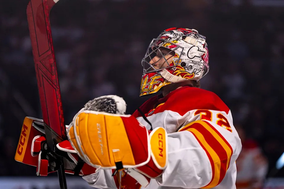 Calgary Flames goalie Dustin Wolf (32) warming up before an NHL hockey game against the Los Angeles Kings on February 26th, 2026 in Los Angeles, CA.