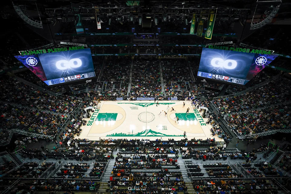 General view of Climate Pledge Arena during a 2023 NBA preseason game between the Utah Jazz and LA Clippers.