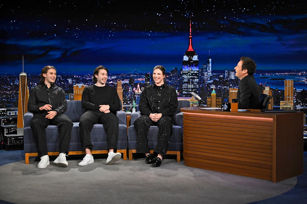 .S. hockey Olympic gold medalists Jack Hughes, Quinn Hughes and Hilary Knight talk Jimmy Fallon (Todd Owyoung / NBC)