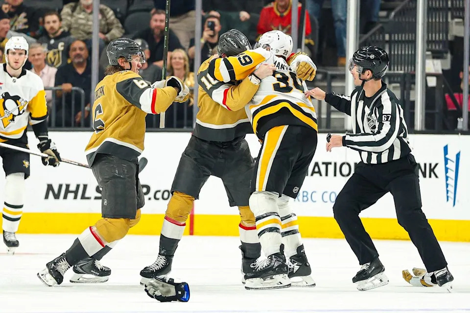 Vegas Golden Knights F Pavel Dorofeyev (16) and Pittsburgh Penguins RW Anthony Mantha (39) draw roughing penalties against each other during an NHL game on Thursday, March 12, 2026, in Las Vegas, Nevada. 