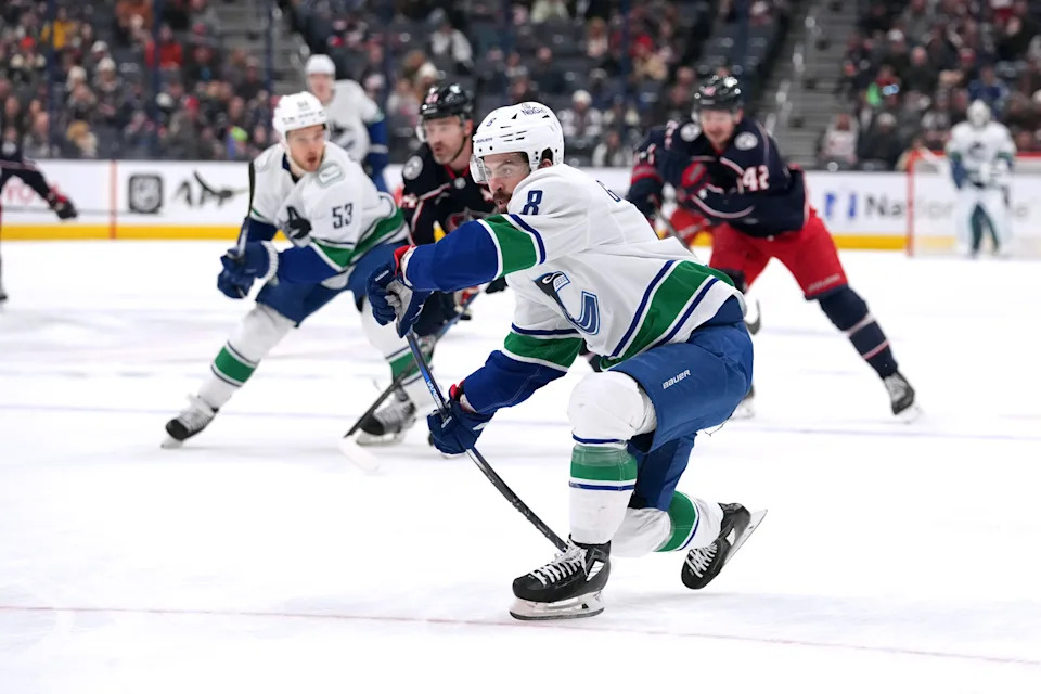 COLUMBUS, OHIO - JANUARY 15: Conor Garland #8 of the Vancouver Canucks shoots the puck during the first period against the Columbus Blue Jackets at Nationwide Arena on January 15, 2024 in Columbus, Ohio. (Photo by Jason Mowry/Getty Images)