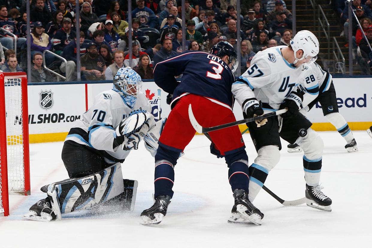 Mar 7, 2026; Columbus, Ohio, USA; Utah Mammoth defenseman Nick DeSimone (57) blocks a Columbus Blue Jackets shot attempt during the second period at Nationwide Arena. Mandatory Credit: Russell LaBounty-Imagn Images