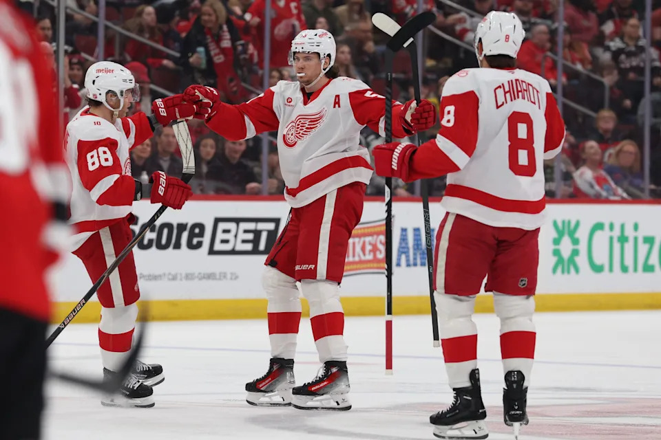 Mar 8, 2026; Newark, New Jersey, USA; Detroit Red Wings defenseman Moritz Seider (53) celebrates his goal against the New Jersey Devils during the first period at Prudential Center. Mandatory Credit: Thomas Salus-Imagn Images