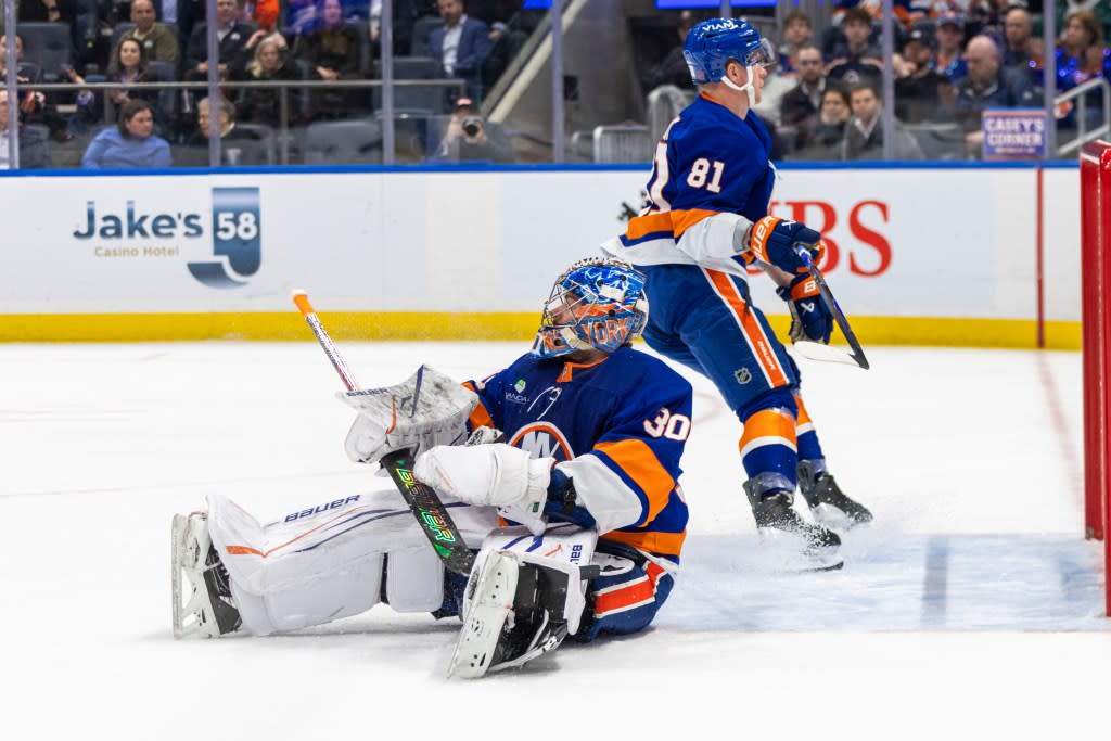 Goaltender Ilya Sorokin #30 of the New York Islanders reacts after he gives up a goal during the second period at UBS Arena, Monday, March 30, 2026, in Elmont, NY. Corey Sipkin for the NY POST