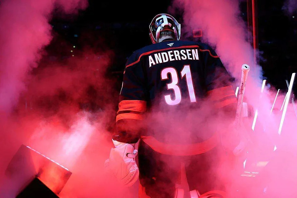 Frederik Andersen of the Carolina Hurricanes is introduced prior to the game against the New Jersey Devils at Lenovo Center on October 09, 2025 in Raleigh, North Carolina.