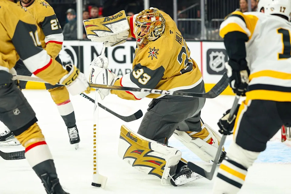 Vegas Golden Knights G Adin Hill (33) ices the puck during an NHL game against the Pittsburgh Penguins on Thursday, March 12, 2026, in Las Vegas, Nevada. 