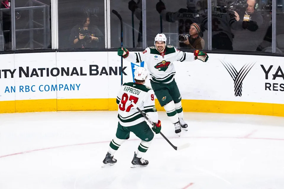 Minnesota Wild right-wing Mats Zuccarello (36) celebrates after scoring a goal during a NHL game between the Vegas Golden Knights and the Minnesota Wild, Friday March 6, 2026 in Las Vegas, Nev.