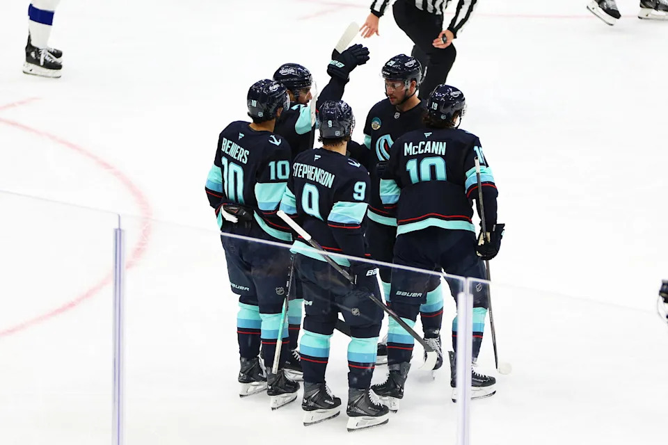 March 17: Kraken Celebrate McCann Goal photo by Candace Kludt | The Hockey News