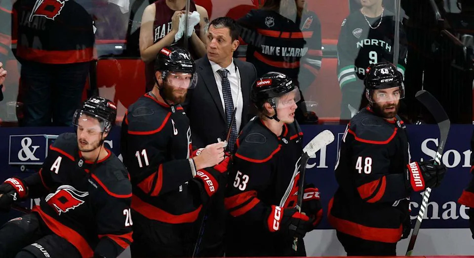 Carolina Hurricanes head coach Rod Brind’Amour walks towards the locker room after the Florida Panthers’ 5-2 victory over the Carolina Hurricanes in Game 1 of the Eastern Conference Finals at the Lenovo Center in Raleigh, May 20, 2025.