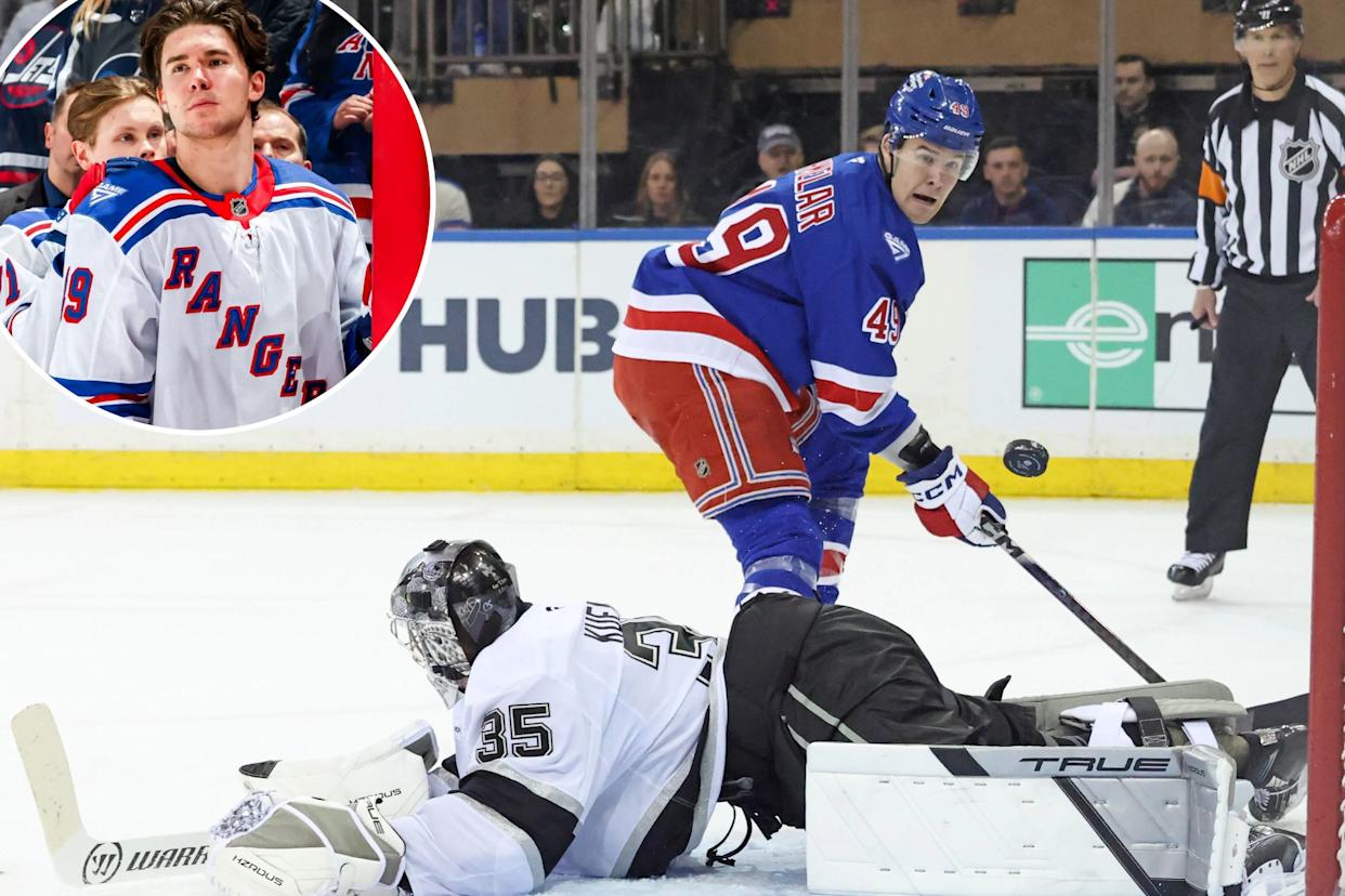 An image collage containing 2 images, Image 1 shows Jaroslav Chmelar watches his shot go past the net during the Rangers' 4-1 loss to the Kings on March 16, 2026 at the Garden, Image 2 shows Jaroslav Chmelar