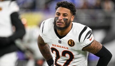 Cincinnati Bengals safety Geno Stone (22) stretches during pre-game warm-ups before an NFL football game against the Baltimore Ravens, Nov. 27, 2025, in Baltimore. (AP Photo/Terrance Williams)