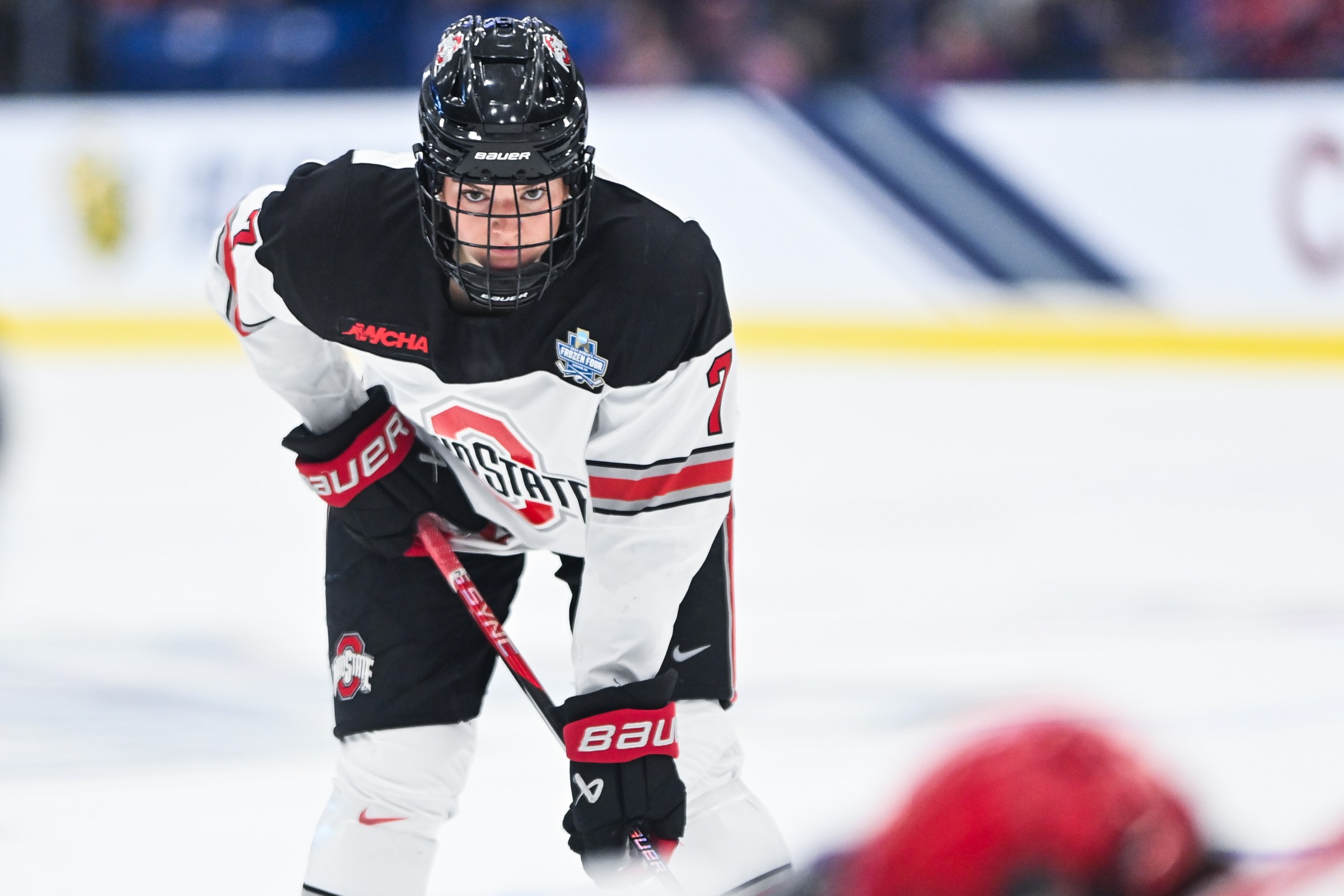 DURHAM, NEW HAMPSHIRE - MARCH 24: Emma Peschel #7 of the Ohio State Buckeyes looks on during the Division I Women’s Ice Hockey Championship game held at Whittemore Center Arena on March 24, 2024 in Durham, New Hampshire. (Photo by Gil Talbot/NCAA Photos via Getty Images)