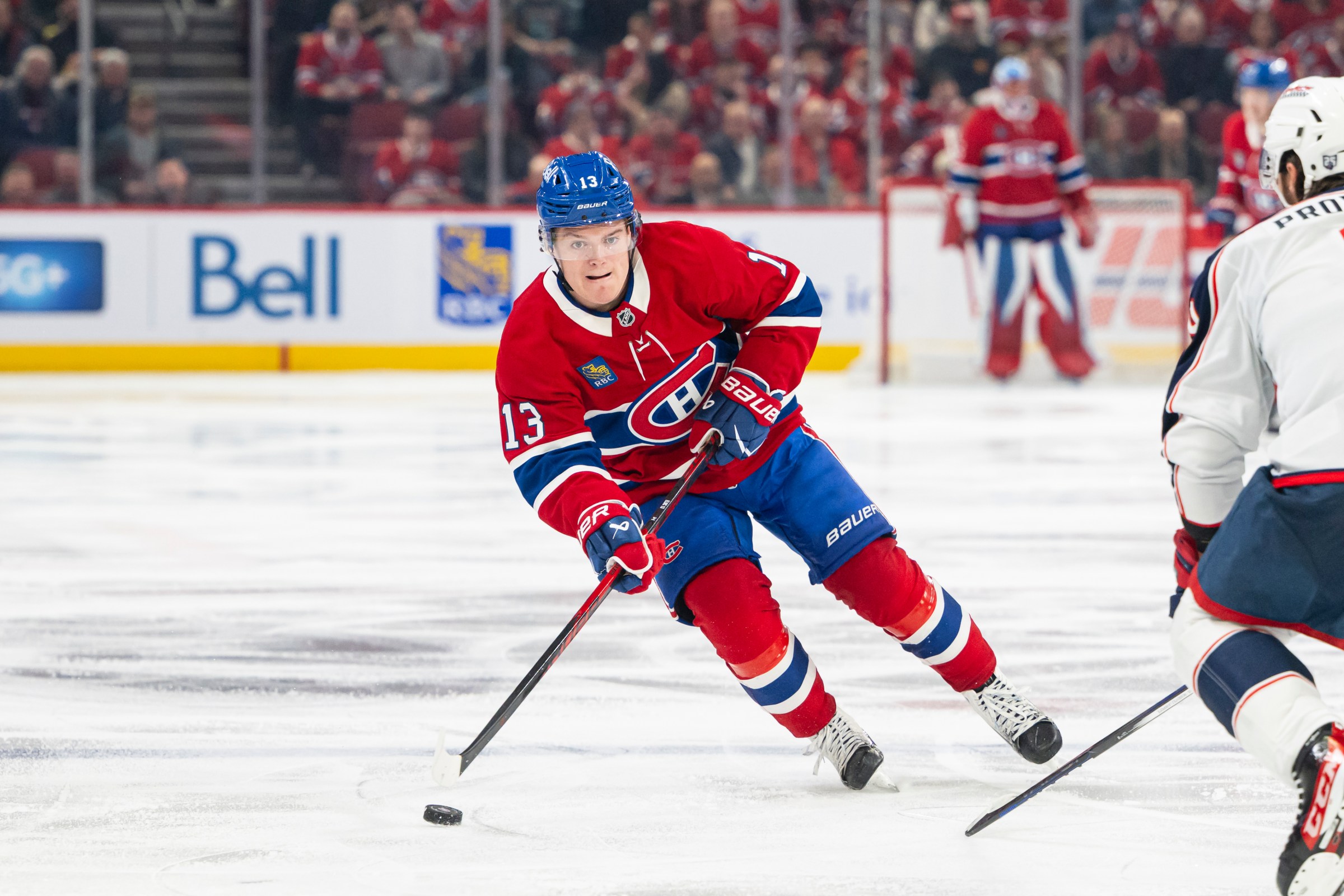 MONTREAL, CANADA- MARCH 26: Cole Caufield #13 of the Montreal Canadiens skates with the puck during the third period of the NHL regular season game between the Montreal Canadiens and the Columbus Blue Jackets at the Bell Centre on March 26, 2026 in Montreal, Quebec, Canada. (Photo by Matt Garies/NHLI via Getty Images)