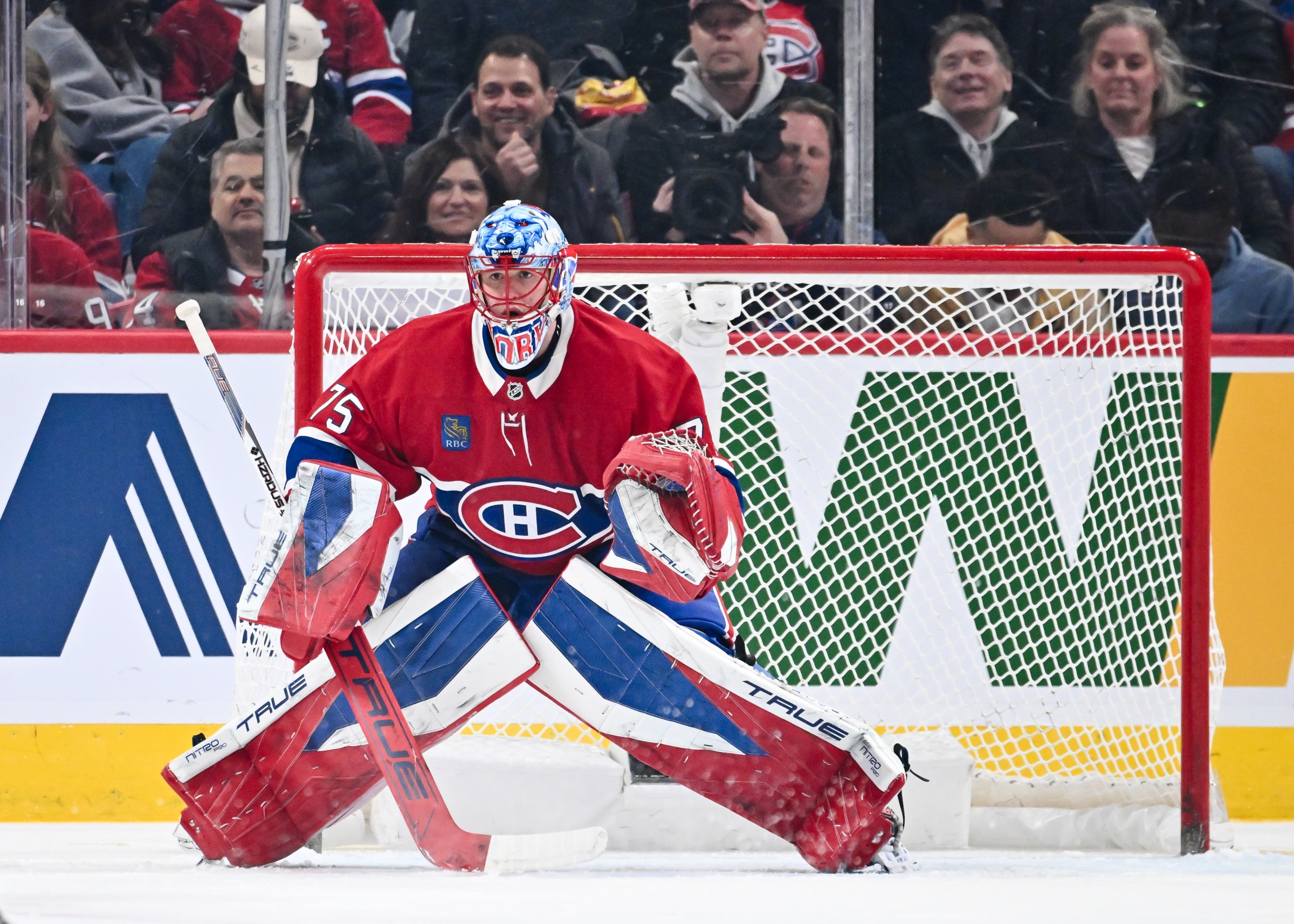 MONTREAL, CANADA - MARCH 26: Jakub Dobes #75 of the Montréal Canadiens tends net during the second period against the Columbus Blue Jackets at the Bell Centre on March 26, 2026 in Montreal, Quebec, Canada. The Montréal Canadiens defeated the Columbus Blue Jackets 2-1. (Photo by Minas Panagiotakis/Getty Images)