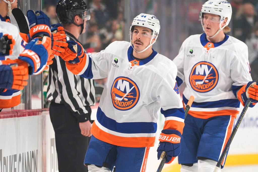 Jean-Gabriel Pageau (44) of the New York Islanders celebrates his goal against the Minnesota Wild.