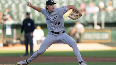 Aug 6, 2024; Oakland, California, USA; Chicago White Sox pitcher Jonathan Cannon (48) pitches during the first inning against the Oakland Athletics at Oakland-Alameda County Coliseum.