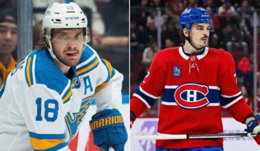 A split image showing Robert Thomas of the St. Louis Blues on the left and Arber Xhekaj of the Montreal Canadiens on the right. Thomas is in a white away jersey, looking intently with his tongue out. Xhekaj is in a red home jersey, standing with his stick, looking towards the right.